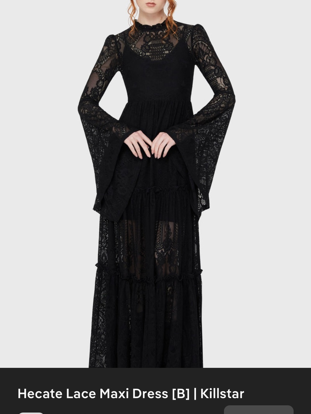 Killstar Hecate Black Lace Maxi Dress with Bell Sleeves. Womens size Medium
